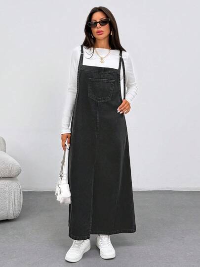 EURMUSE WOMEN LONG DENIM DRESS POCKET AND SLIT DETAIL