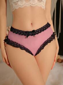 DelicateAllure Quần lót ren viền ren màu đen và hồng tương phản, trang trí nơ, mờ mờ, gợi cảm dành cho nữ - Màu Hồng Tươi - Xem 3