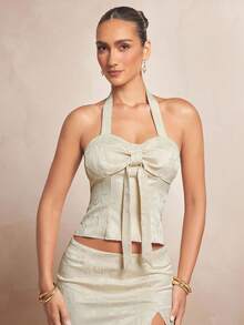 L'Amorae Women's Fitted Jacquard Halter Neck Top With Bowtie Detail In Butter Yellow - Apricot - View 4