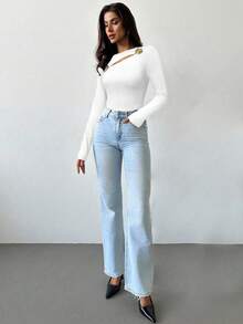 Firerie Women's Elegant Delicate Fashion Hollow Rose Metal Decor Tight Fit Long Sleeve Black T-Shirt, Autumn,White Shirt