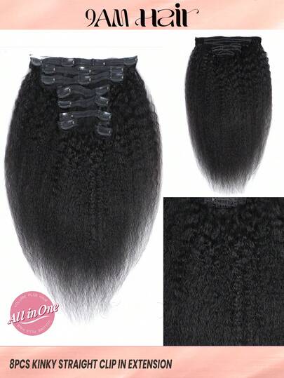 8pcs Clip-In Hair Kinky Straight 1B Natural Black Color 120% Density Silky Natural Black Color Human Hair Extension Wear & Go Daily Use Clip Ins Hair Extensions