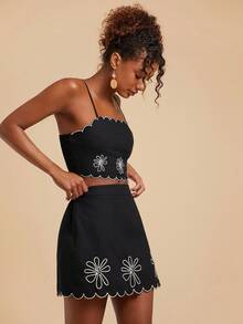 Travachic Conjunto de 2 piezas de top de camisola con dobladillo curvo y bordado floral, y minifalda - Negro - Ver 7