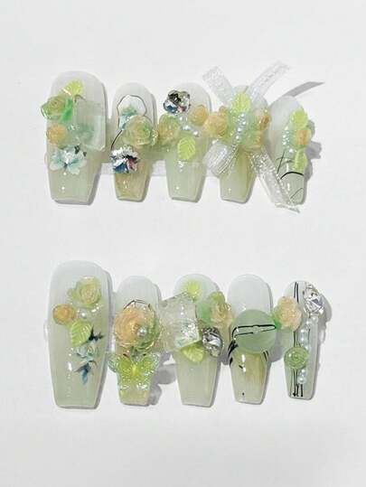 Fairycore 10pcs Green Floral & Bow Shaped False Nails With 3pcs Double-Sided Stickers, Removable Lace & Rhinestone Decor Nail Art Sticker For Girly & Tender Mori Style Nails, Suitable For Wedding, Festival, Party, Dance And Daily Wear.