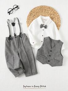 Cozy Pixies Bộ trang phục quý ông thu đông 3 món cho bé trai, bao gồm áo khoác vest xám, quần có quai rời có cạp chun và áo sơ mi dài tay màu trắng có nơ - Nhiều màu - Xem 5
