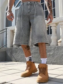 ROMWE MEN Street Life Herren Weite 3/4 Hose aus Denim mit funkelnden Strass-Verzierungen - Blau - Übersicht 5