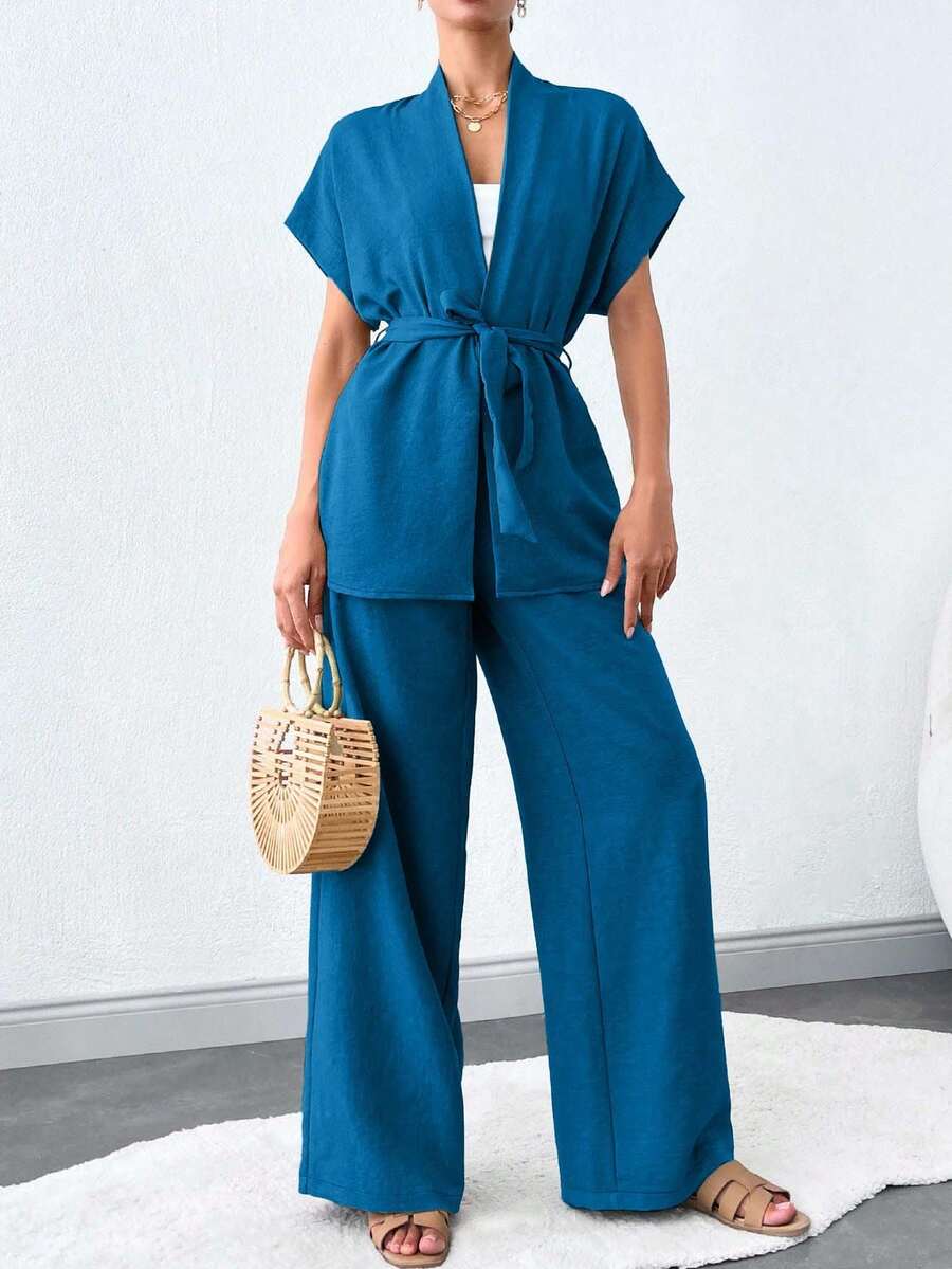 SHEIN Tall 女款純色蝙蝠踝靴,綁腰上衣與寬腿褲休閒套裝,適合高個女性 - 水鴨藍 - 查看 1