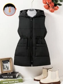 SHEIN Explorewe Tween Girls Elongated Zip-Up Hoodie Vest With Pockets