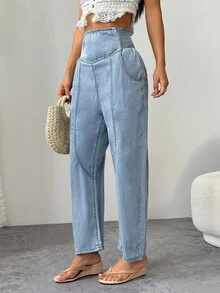 SHEIN PETITE Women's High Waist Pockets Casual Straight Leg Pants Loose Jeans - Light Wash - View 3