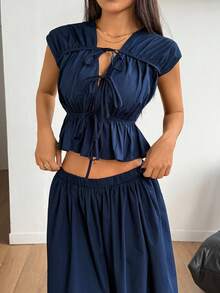SHEIN PETITE Women's Solid Color Tie Front Ruffle Hem Top And Skirt 2 Pieces Set ,Petite Women - Navy Blue - View 3