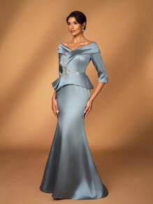 Serin Elegantes, luxuriöses Satin-Kleid mit Perlenstickerei und Spitze, Off-Shoulder Ärmel, Rüschen und Meerjungfrauenschnitt, geeignet für Hochzeiten, Partys, Urlaub, Galas, Konzerte, Abende, Brautmutterkleid