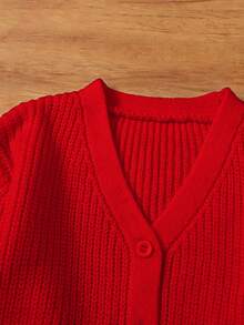 SHEIN 女宝宝休闲纯色灯笼袖开衫，秋冬 - 紅色 - 查看 4