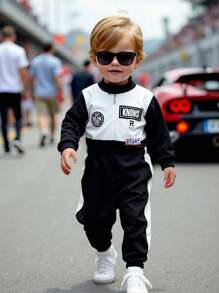 Quần liền quần thể thao thoải mái, màu sắc tương phản, phong cách phi công/tay đua, dành cho bé trai/bé gái mùa thu/đông - Đen và trắng - Xem 1