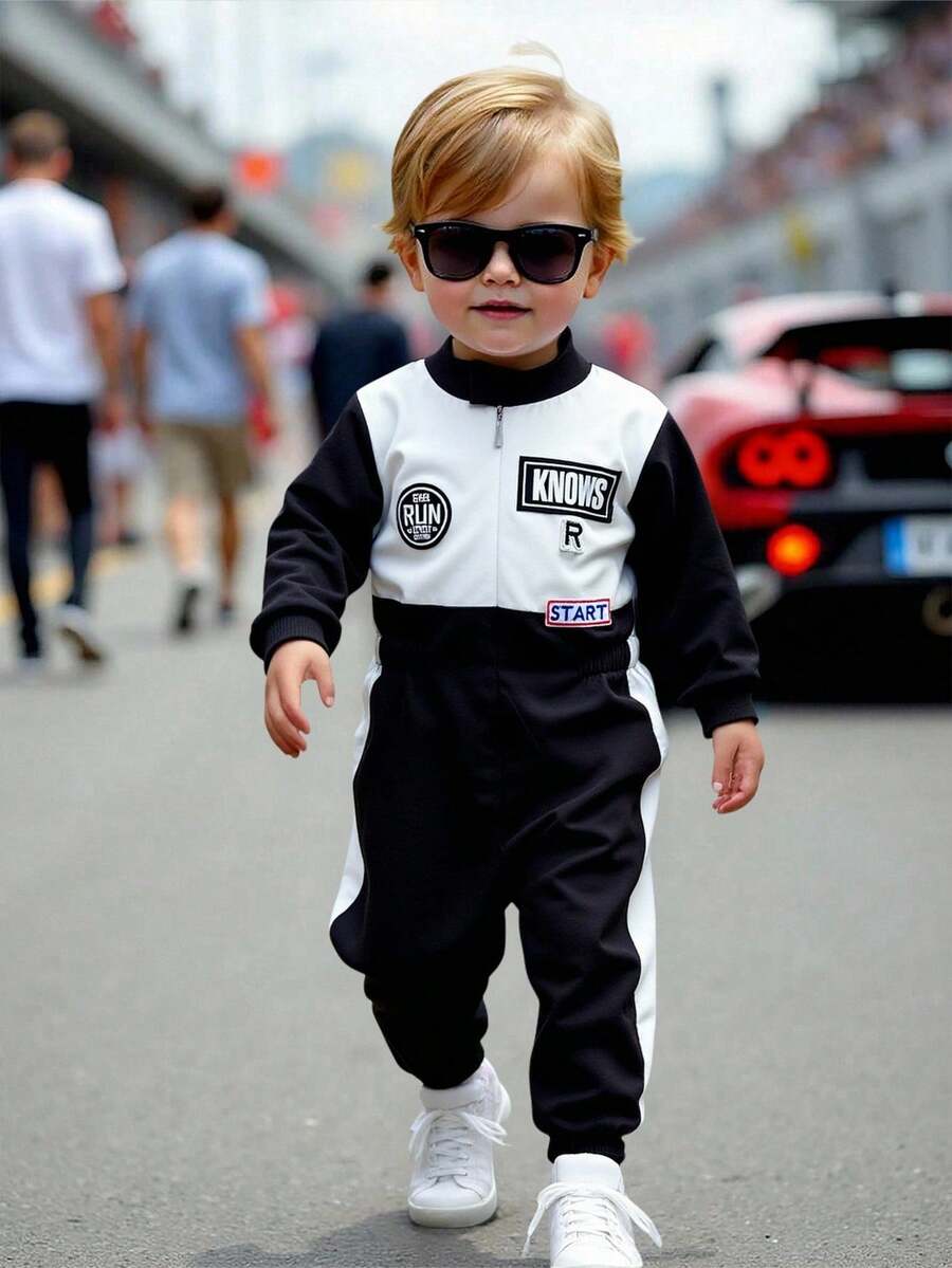 Quần liền quần thể thao thoải mái, màu sắc tương phản, phong cách phi công/tay đua, dành cho bé trai/bé gái mùa thu/đông - Đen và trắng - Xem 1