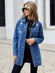 RueChic 100%Cotton Ripped Flap Pocket Denim Coat