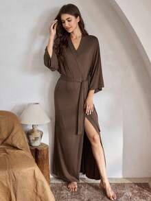 Ocili 休闲舒适顺滑睡袍，纯色简约时尚，适合日常休闲穿着，假日季舒适优雅，秋冬季皆宜。 - 卡其色 - 查看 7