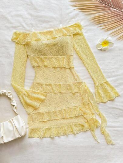 Teen Girls Cream Lace Off Shoulder Flare Sleeve Mini Dress, Suitable For Party, Date, Valentine's Day, Easter, Carnival, Afternoon Tea, Beach, Cruise, City Holiday, Autumn/Winter Layering Yellow Dress Lemon Dress Yellow Lace Dress Teen Dress Yellow Girl Mesh Dress Lemon Yellow Dress Yellow Off The Shoulder Dress Ruffle Yellow Dress Off Shoulder Yellow Dress Yellow Mesh Dress Ruffled Dress Off Shoulder Dress Ruffle Dress