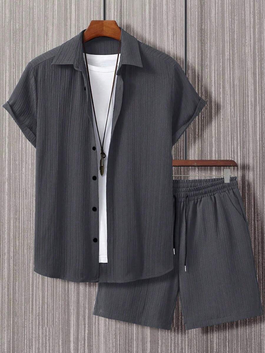 Manfinity Homme Men's Simple Solid Color Shirt And Shorts Set, Cozy Outfits - Dark Grey - View 1