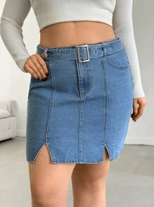 RueChic PLUS HIGH WAIST BELTED SLIT DENIM SKIRT - Light Wash - View 6