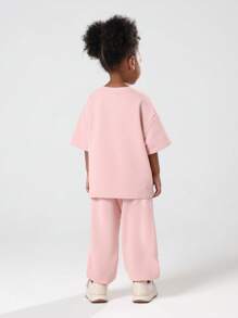 SUMWON Girls New York Athletics Varsity Logo T-Shirt Co-Ord Set Oversized Casual Wear Matching Two Piece Outfit Autumn Winter Collection - Pink - View 2
