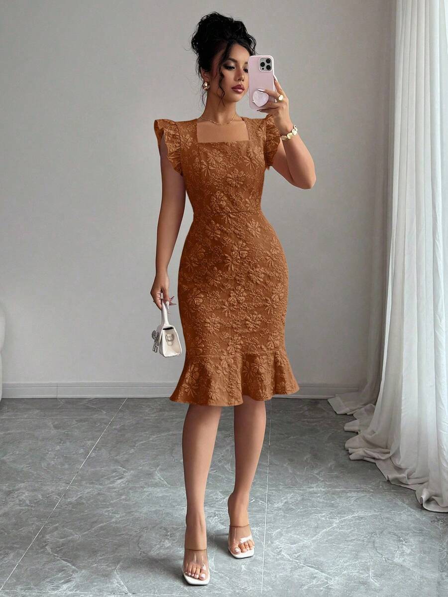 Elenzga Váy đi làm bằng vải jacquard cổ vuông tay lửng thanh lịch dành cho nữ, mùa hè - màu nâu - Xem 1