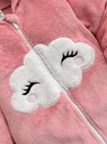 新生女宝宝可爱粉色毛绒卡通图案连帽连体衣，秋冬季 - 粉色 - 查看 6