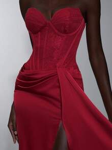 Elitara Áo corset satin phối ren thanh lịch với phần ngực xuyên thấu, eo xếp ly, bèo nhún xếp tầng và gấu áo đuôi cá, thích hợp cho kỳ nghỉ, hẹn hò, tiệc sinh nhật, đám cưới, lễ tốt nghiệp, dạ hội trang trọng, ngày Valentine. - Đỏ - Xem 3