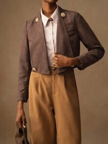 Vesra 纽扣装饰毛绒纹理面料不对称翻领长袖现代女式夹克 - 棕色 - 查看 1