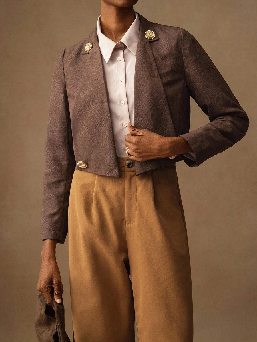 Vesra 纽扣装饰毛绒纹理面料不对称翻领长袖现代女式夹克 - 棕色 - 查看 1