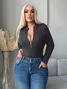 SHEIN SXY 大码女式舒适休闲长袖拉链连体衣，秋冬 - 深灰色 - 查看 6