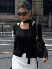 DAZY Women's Ribbon Trim Long Sleeve Crew Neck Fitted Sweater Fall - Black - View 3