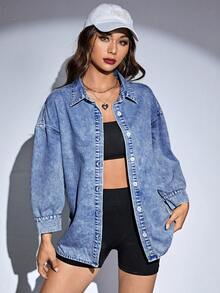 SHEIN ICON 女式休闲宽松落肩长袖单排扣牛仔衬衫，秋季 - 中等水洗藍 - 查看 4