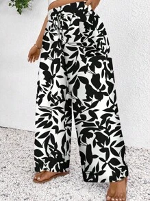 SHEIN Frenchy Pantalones sueltos casuales informales de talle alto con nudo, estilo de festival de música, estampado de flores negras pequeñas y degradado, para vacaciones, talla grande - Blanco y Negro - Ver 3