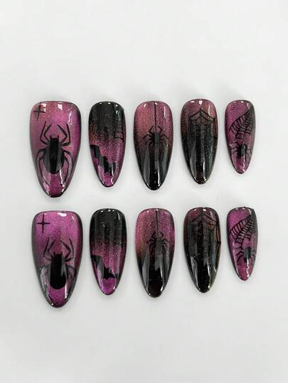 Fairycore 10pcs Spider, Bat, Spider Web Element Handmade False Nails + 3pcs Double-Sided Adhesive, Removable Purple Ombre Hand-Painted Nail Stickers, High-Quality Cat Eye Glossy Colored Nail Stickers, Suitable For Holidays, Parties, Dancing And Daily Wear