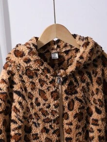 Chaqueta con capucha de piel sintética con estampado de leopardo y mini bolsillo para niña preadolescente, otoño/invierno - Caqui - Ver 5