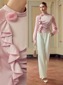 ZEYLAH 女式纯色优雅 3D 花卉荷叶边长袖衬衫 - 粉色 - 查看 1