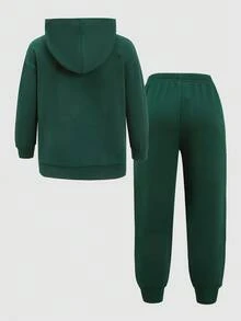 SHEIN 年轻女孩宽松休闲舒适连帽套头衫和裤子套装 - 綠色 - 查看 8