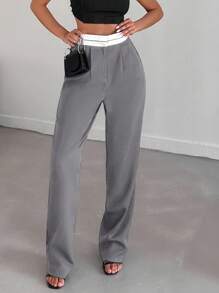 EURMUSE Pantalones de traje diario de uso sencillo con contraste de color para mujeres - Gris - Ver 6