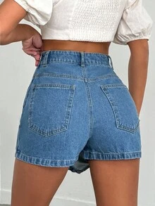 SHEIN PETITE Rigid, Back Label Detailed Skort - Medium Wash - View 2