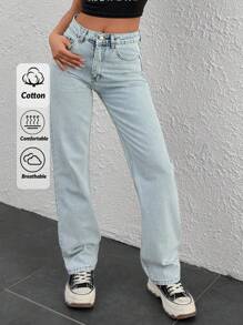 CasuGlow 女士直筒中腰牛仔裤 - 淺色水洗藍 - 查看 1