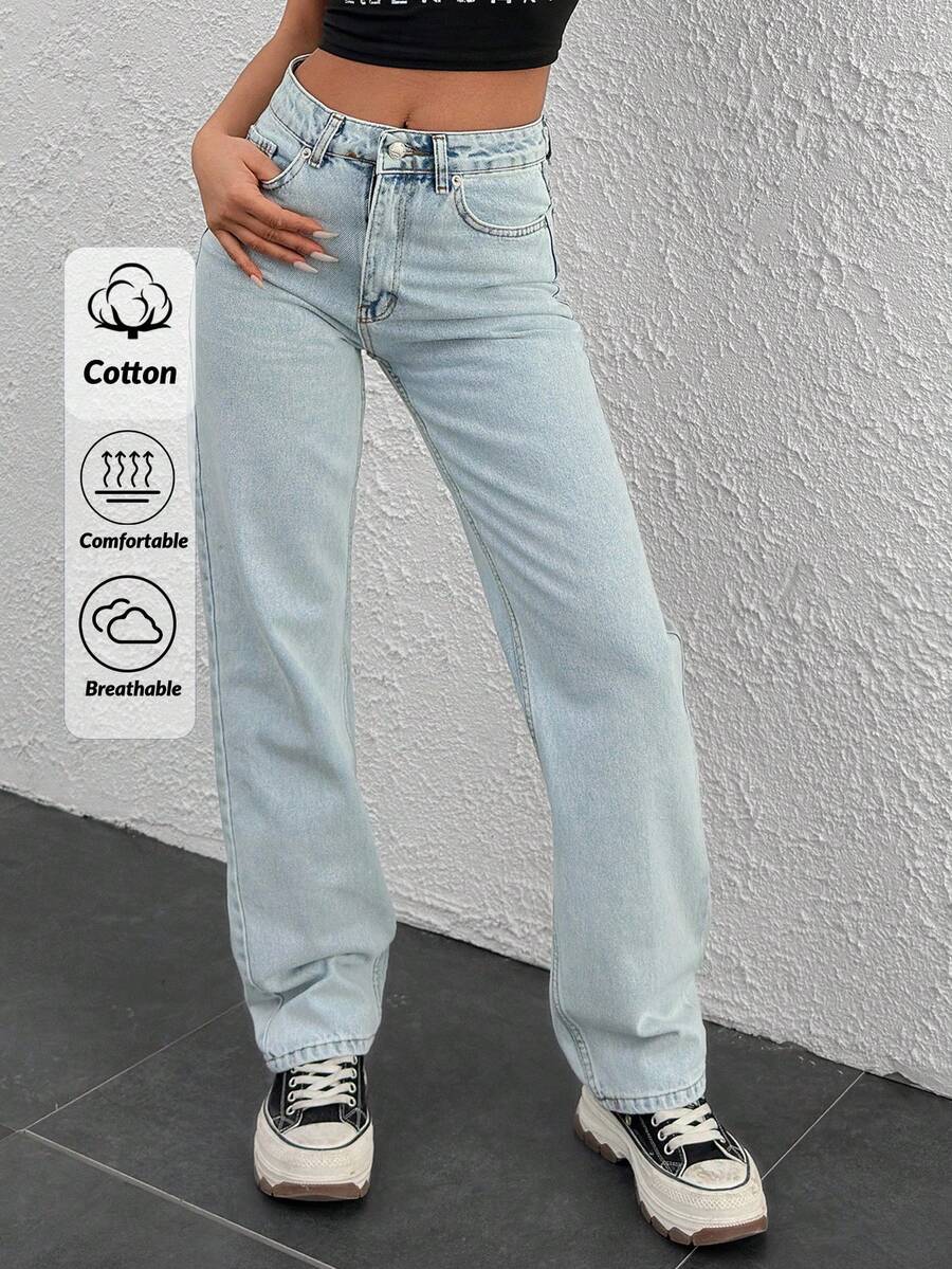 CasuGlow 女士直筒中腰牛仔裤 - 淺色水洗藍 - 查看 1