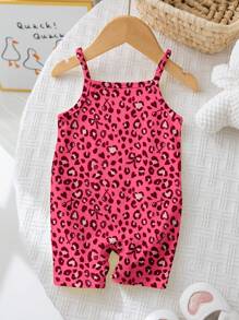 SHEIN Baby Girl Casual Retro Pink Bow Leopard Print Strap Romper, Suitable For Spring And Summer