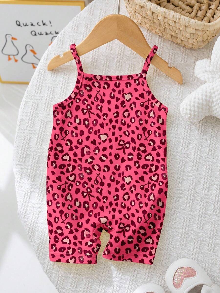 SHEIN Baby Girl Casual Retro Pink Bow Leopard Print Strap Romper, Suitable For Spring And Summer