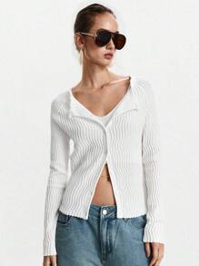 Lumivelle Women's Elegant Fashion Minimalist Versatile Fitted Crew Neck Textured Ruffle Collar Cardigan Sweater, Autumn/Winter Fall Cloth For Women - White - View 7