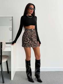 SHEIN Tall Women's Leopard Print High Waist Mini Skirt Leopard Skirt Two Piece Skirt Set Cheetah Print Skirt 2 Piece Outfit Women - Dark Wash - View 4