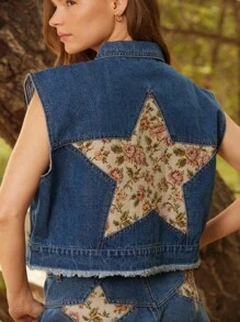 WESTFADE Collared Button Front Tapestry Patterned Jacquard Star Back Sleeveless Fray Hem Denim Jean Vest - Medium Wash - View 6