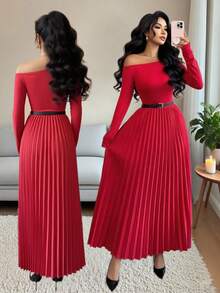 Rafferiza 优雅红色斜领针织长袖连衣裙，搭配红色褶皱长裙和黑色精致腰带，简约纯色女式长裙，秋冬 - 紅色 - 查看 1