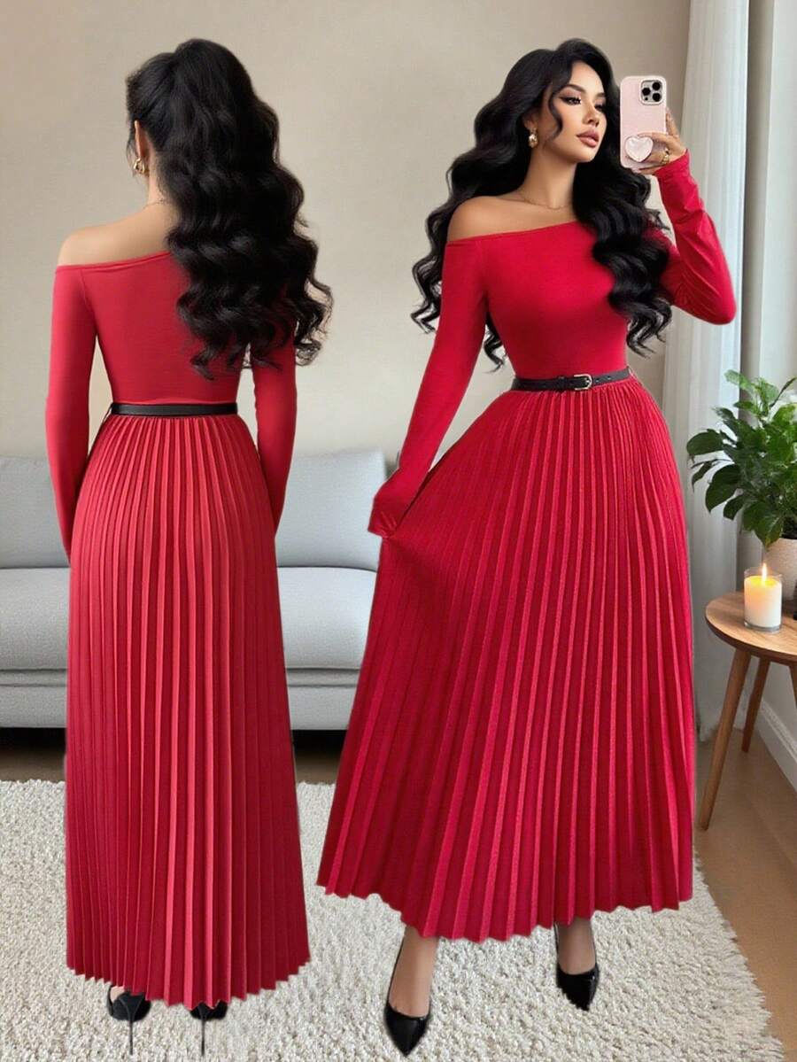 Rafferiza 优雅红色斜领针织长袖连衣裙，搭配红色褶皱长裙和黑色精致腰带，简约纯色女式长裙，秋冬 - 紅色 - 查看 1