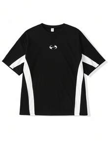 SHEIN 青少年男孩休闲街头拼布标志印花舒适撞色圆领短袖 T 恤，适合通勤、上学、日常休闲、度假、运动、派对、秋冬 - 彩色 - 查看 4