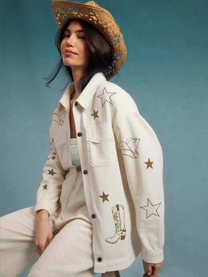 WESTFADE 前开襟纽扣长袖西部牛仔帽星星牛仔靴图案刺绣超大牛仔夹克
