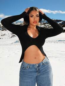 Zolique 女式黑色长袖V领优雅针织毛衣 - 黑色 - 查看 5